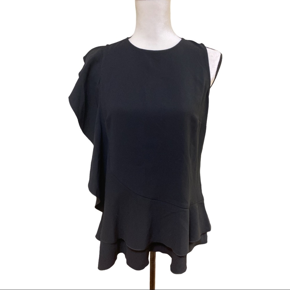 Ann Taylor Black Ruffle Shoulder Peplum Top XS